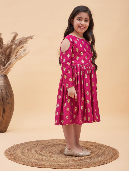 Girl's Dark Pink Foil Printed Cold Shoulder Kurti